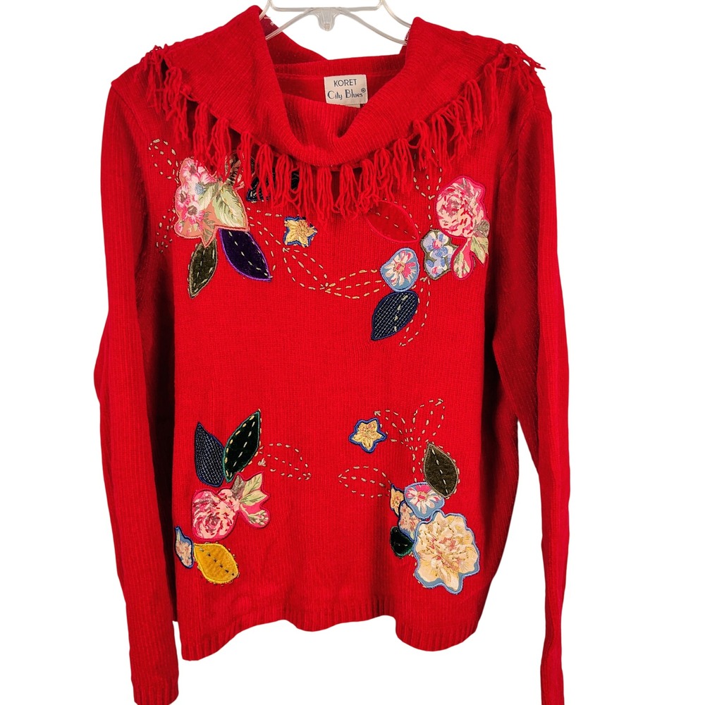 Koret Womens SZ L City Blues Sweater Red Floral Fringe Cowl Neck Cottagecore